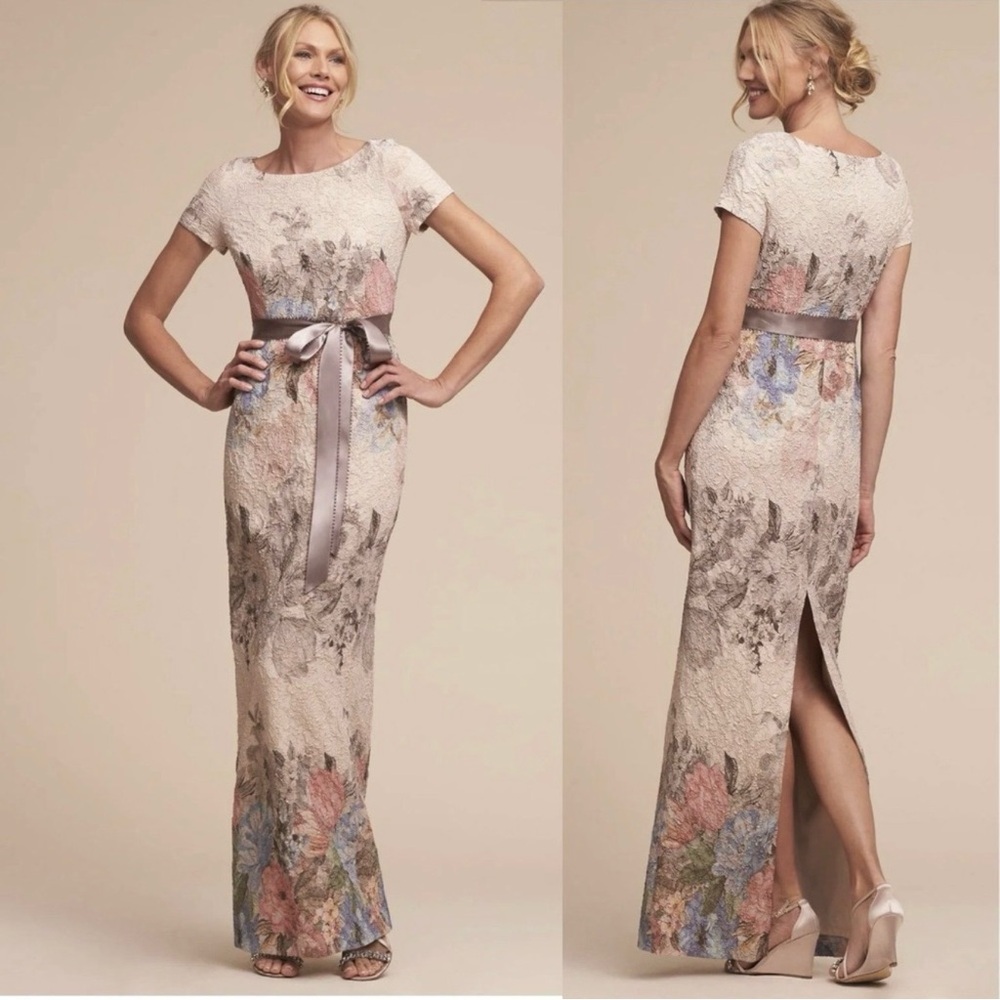 Adrianna Papell Blush Floral Lace Maxi Dress with Satin Tie NWT